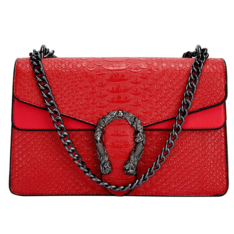 Aiqudou Leather Crossbody Bag Chain Purse for Women - Snake Print Shoulder Bag Luxury Evening Satchel Handbag Ladies Underarm Bag(Red)