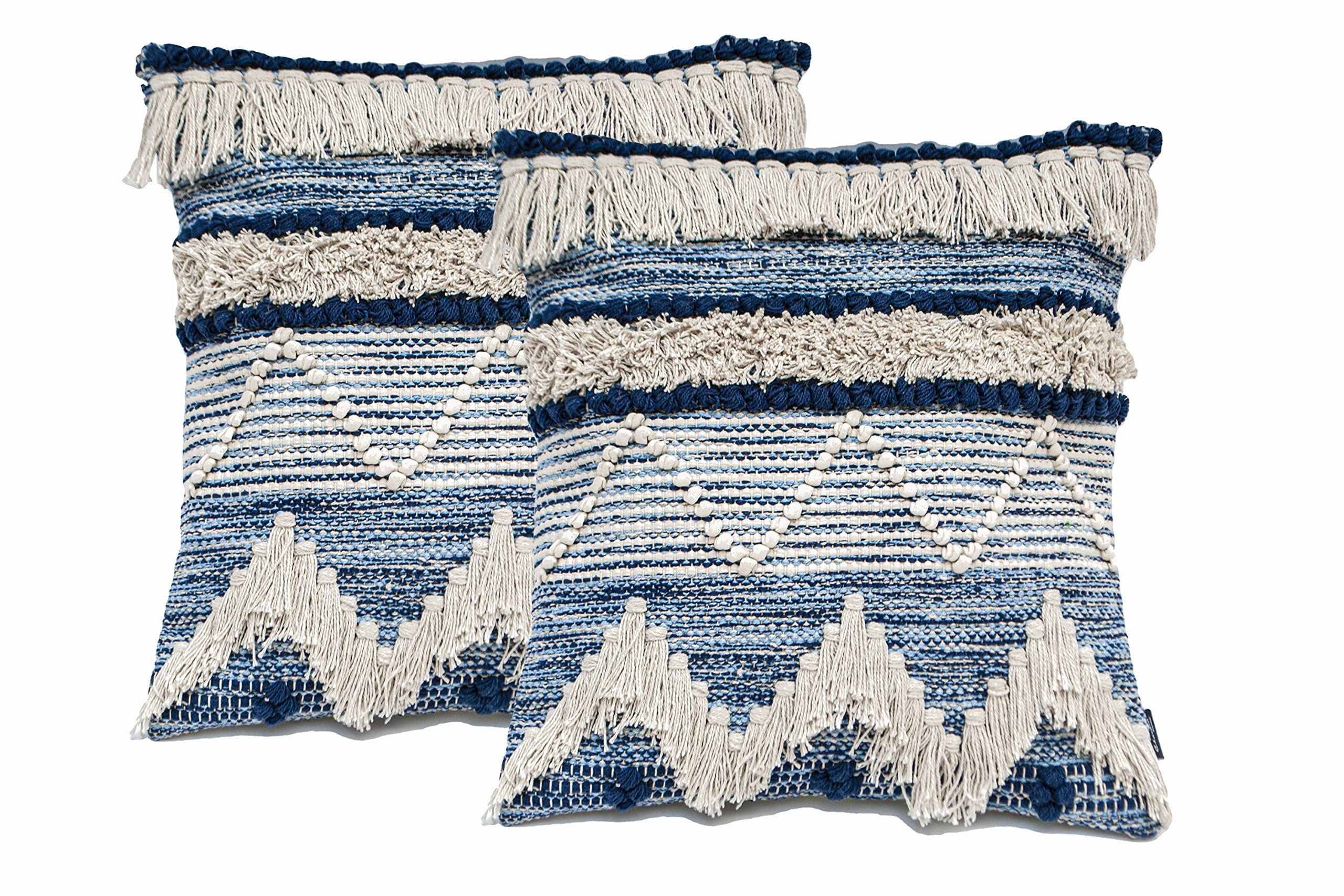 Chardin home Montego Farmhouse Decorative Throw Pillow Covers (Set of 2). Boho Soft Warm Cotton Woven Square Pillow Cover 18x18 for Couch Sofa Bedroom, Blue/Off-White