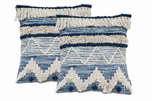 Chardin home Montego Farmhouse Decorative Throw Pillow Covers (Set of 2). Boho Soft Warm Cotton Woven Square Pillow Cover 18x18 for Couch Sofa Bedroom, Blue/Off-White