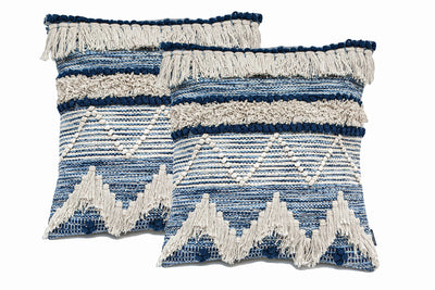 Chardin home Montego Farmhouse Decorative Throw Pillow Covers (Set of 2). Boho Soft Warm Cotton Woven Square Pillow Cover 18x18 for Couch Sofa Bedroom, Blue/Off-White