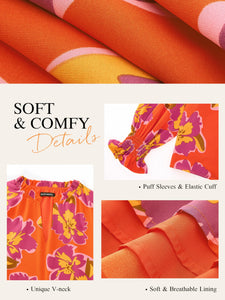 MASCOMODA Womens V Neck Floral Long Sleeve Tops 2025 Summer Casual Loose Puff Sleeve Chiffon Boho Work Blouse Dressy T Shirts(Orange Purple Flower,Large)