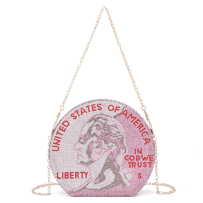 Covelin Women's Dollar Coin Handbag Rhinestone Purse Evening Clutch Bag Pink