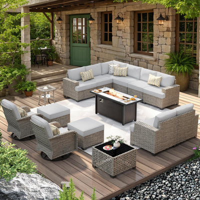 HOOOWOOO Outdoor Sectional Patio Furniture Set with Fire Pit Table,15 Pieces Wicker Conversation Sets L Shaped Couch,Extra Deep Out Door Sofa Outside Furniture with Swivel Chairs Ottomans,Light Gray