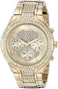 GUESS Women's Gold-Tone Stainless Steel Crystal Embellished Bracelet Watch with Day, Date + 24 Hour Military/Int'l Time. Color: Gold-Tone (Model: U0628L2)