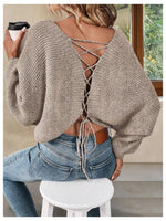 Load image into Gallery viewer, RoseSeek Women's Off Shoulder Lace Up Open Back Sweaters Long Sleeve Loose Pullovers Casual Knit Fall Tops Brown Medium
