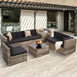 KROFEM 8 Piece Outdoor Wicker Patio Furniture Sectional Set, Glass Top Table with Hidden Storage, Includes 7 Seating Components, Natural Rattan with Black Overstuffed Cushions