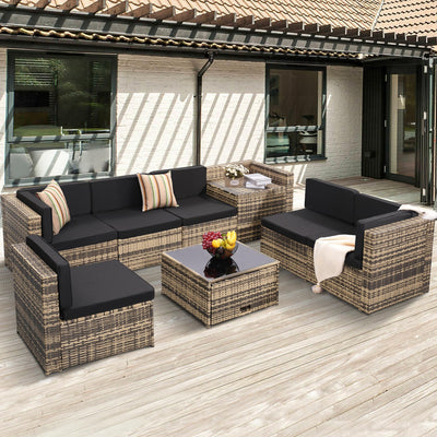 KROFEM 8 Piece Outdoor Wicker Patio Furniture Sectional Set, Glass Top Table with Hidden Storage, Includes 7 Seating Components, Natural Rattan with Black Overstuffed Cushions
