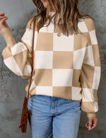 Load image into Gallery viewer, ZESICA Women's 2025 Fall Fashion Turtleneck Long Sleeve Striped Ribbed Knit Loose Pullover Sweater Tops Khaki Plaid Medium

