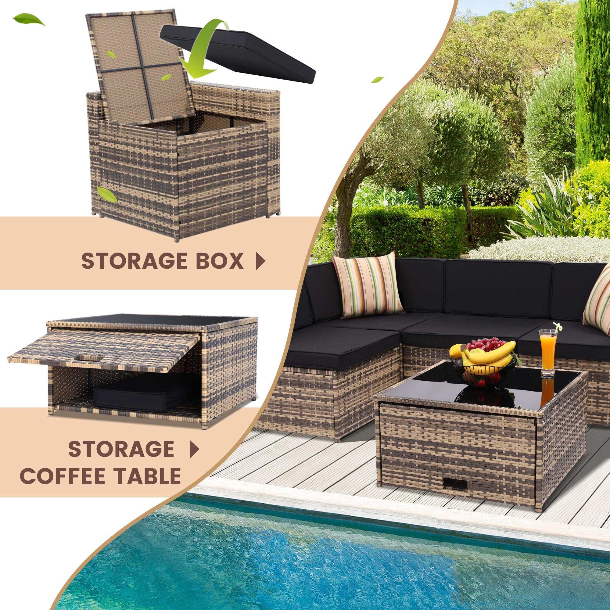KROFEM 8 Piece Outdoor Wicker Patio Furniture Sectional Set, Glass Top Table with Hidden Storage, Includes 7 Seating Components, Natural Rattan with Black Overstuffed Cushions