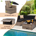 Load image into Gallery viewer, KROFEM 8 Piece Outdoor Wicker Patio Furniture Sectional Set, Glass Top Table with Hidden Storage, Includes 7 Seating Components, Natural Rattan with Black Overstuffed Cushions

