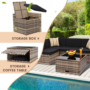 KROFEM 8 Piece Outdoor Wicker Patio Furniture Sectional Set, Glass Top Table with Hidden Storage, Includes 7 Seating Components, Natural Rattan with Black Overstuffed Cushions