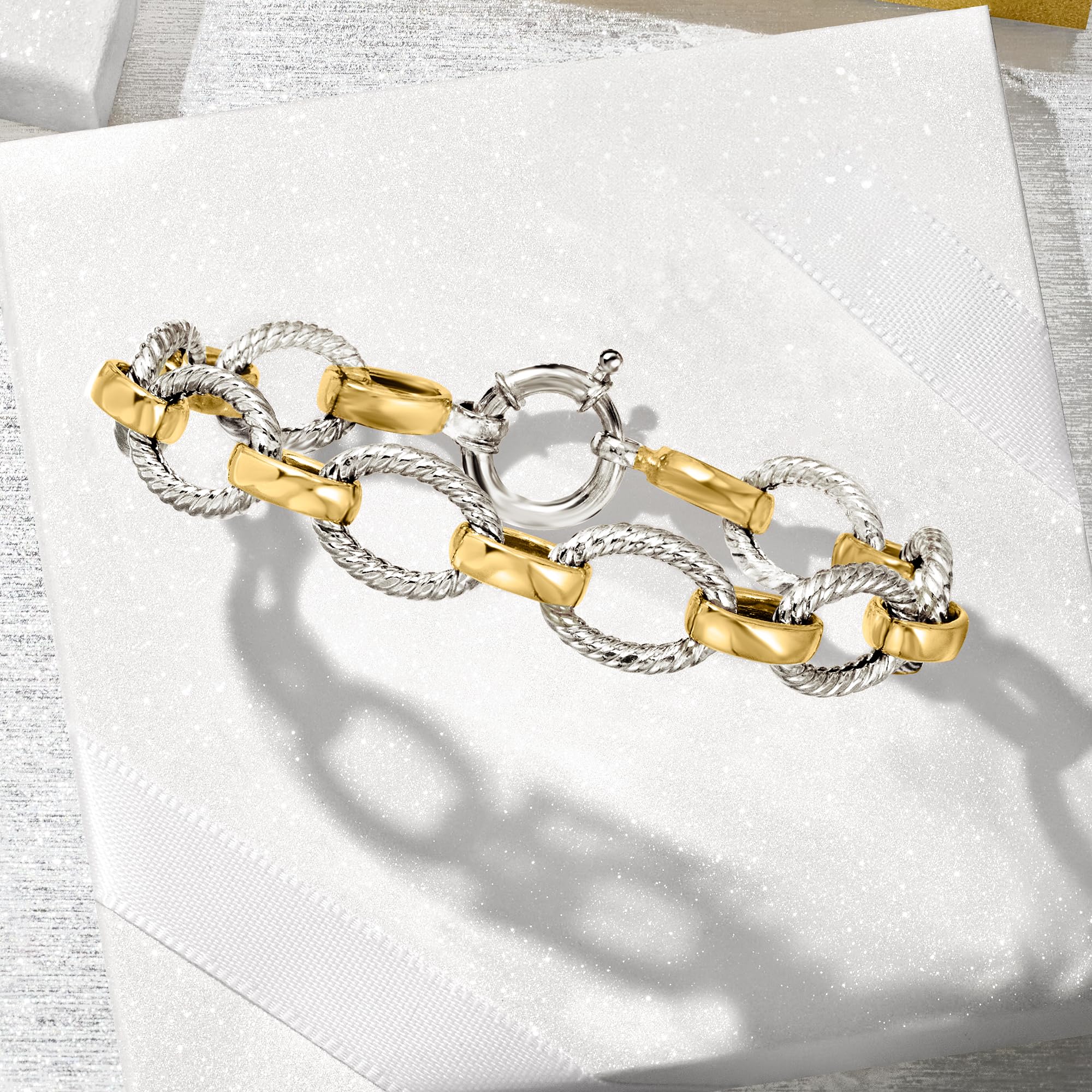 Ross-Simons Sterling Silver and 18kt Gold Over Sterling Silver Twisted-Oval Link Bracelet. 8 inches