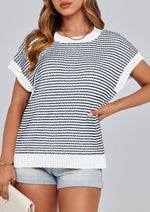 Load image into Gallery viewer, PRETTYGARDEN Womens Short Sleeve Sweater Spring Summer 2025 Round Neck Striped Pullover Cap Sleeve Knit Sweater Vest Tops(Striped White Navy,Medium)
