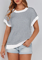 Load image into Gallery viewer, PRETTYGARDEN Womens Short Sleeve Sweater Spring Summer 2025 Round Neck Striped Pullover Cap Sleeve Knit Sweater Vest Tops(Striped White Navy,Medium)
