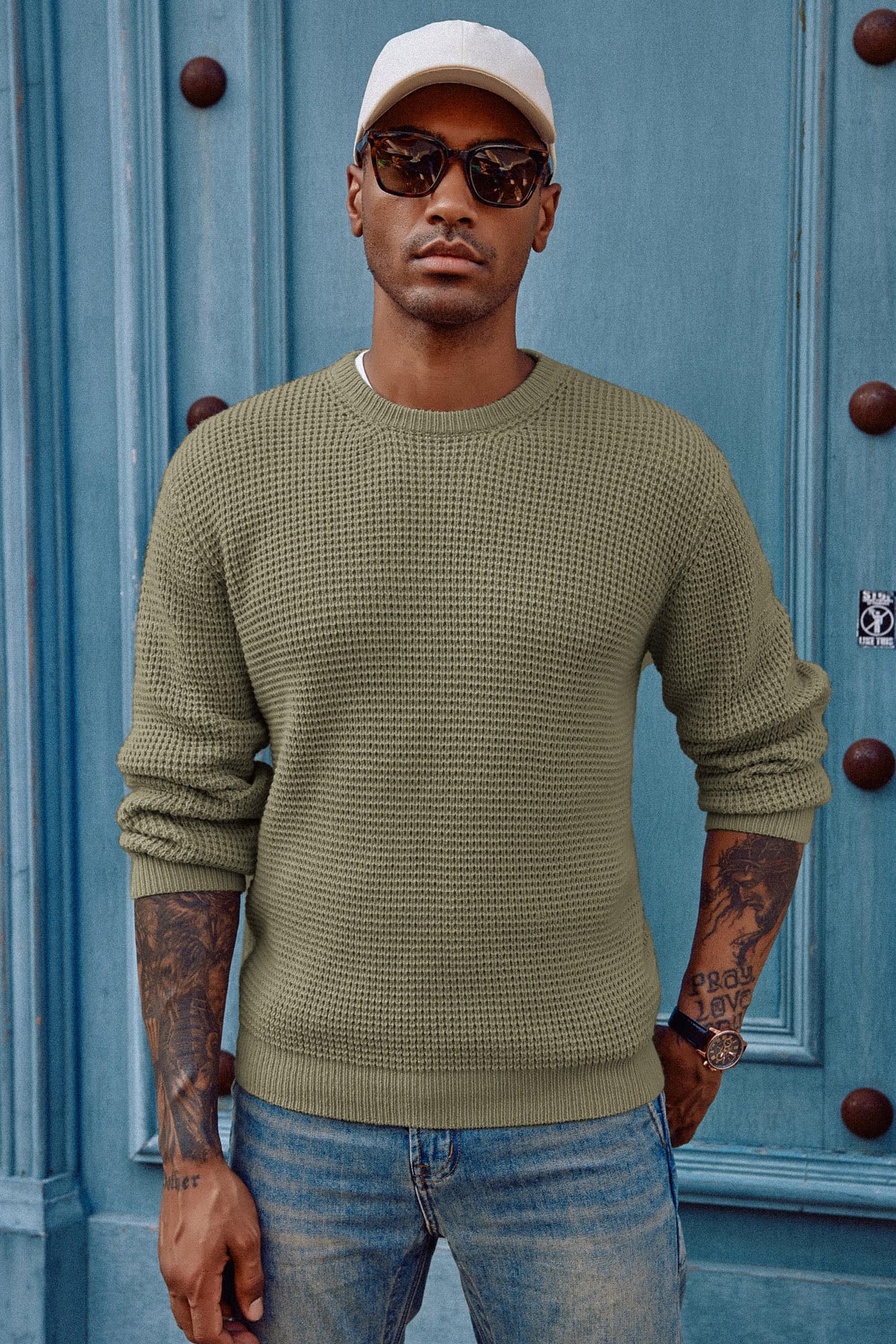 PJ PAUL JONES Sweaters for Men Crewneck Cable Knit Waffle Textured Pullover Sweater Men Green