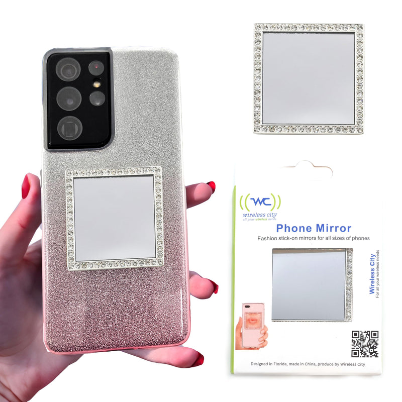 Wireless City Diamond Bling Makeup Mirror for Phone Case - Silver, Stick-On Vanity Mirror with Cubic Zirconia Stones, Universal Fit, Perfect for Selfies and Makeup Touch-Ups