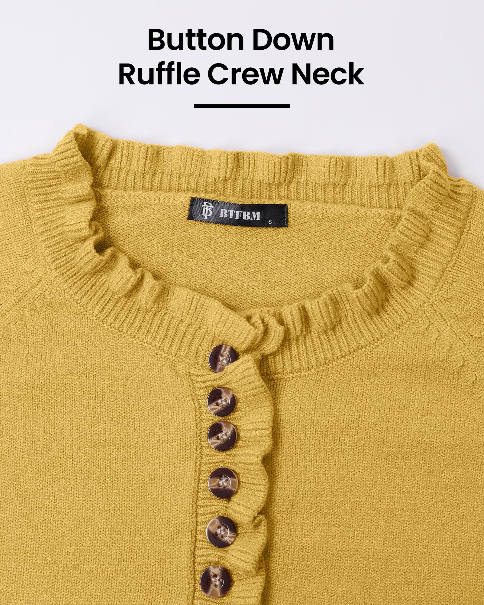 BTFBM Womens Sweaters Fall Winter Clothes 2025 Long Sleeve Button Down Ruffle Crew Neck Casual Knitted Pullover Tops(Solid Yellow, Small)