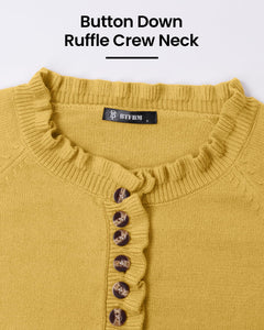 BTFBM Womens Sweaters Fall Winter Clothes 2025 Long Sleeve Button Down Ruffle Crew Neck Casual Knitted Pullover Tops(Solid Yellow, Small)
