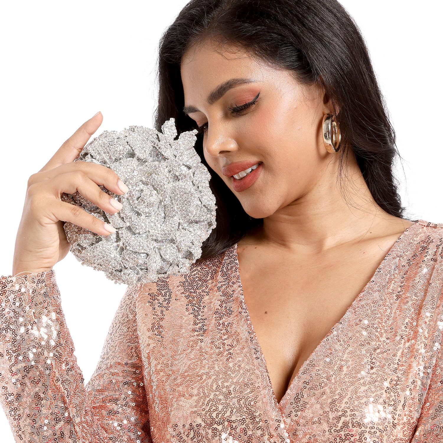 Boutique De FGG Round Rose Flower Crystal Clutch Purses for Women Formal Evening Bags Wedding Clutch Bag Party Handbags,Mini,Silver
