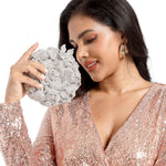 Load image into Gallery viewer, Boutique De FGG Round Rose Flower Crystal Clutch Purses for Women Formal Evening Bags Wedding Clutch Bag Party Handbags,Mini,Silver
