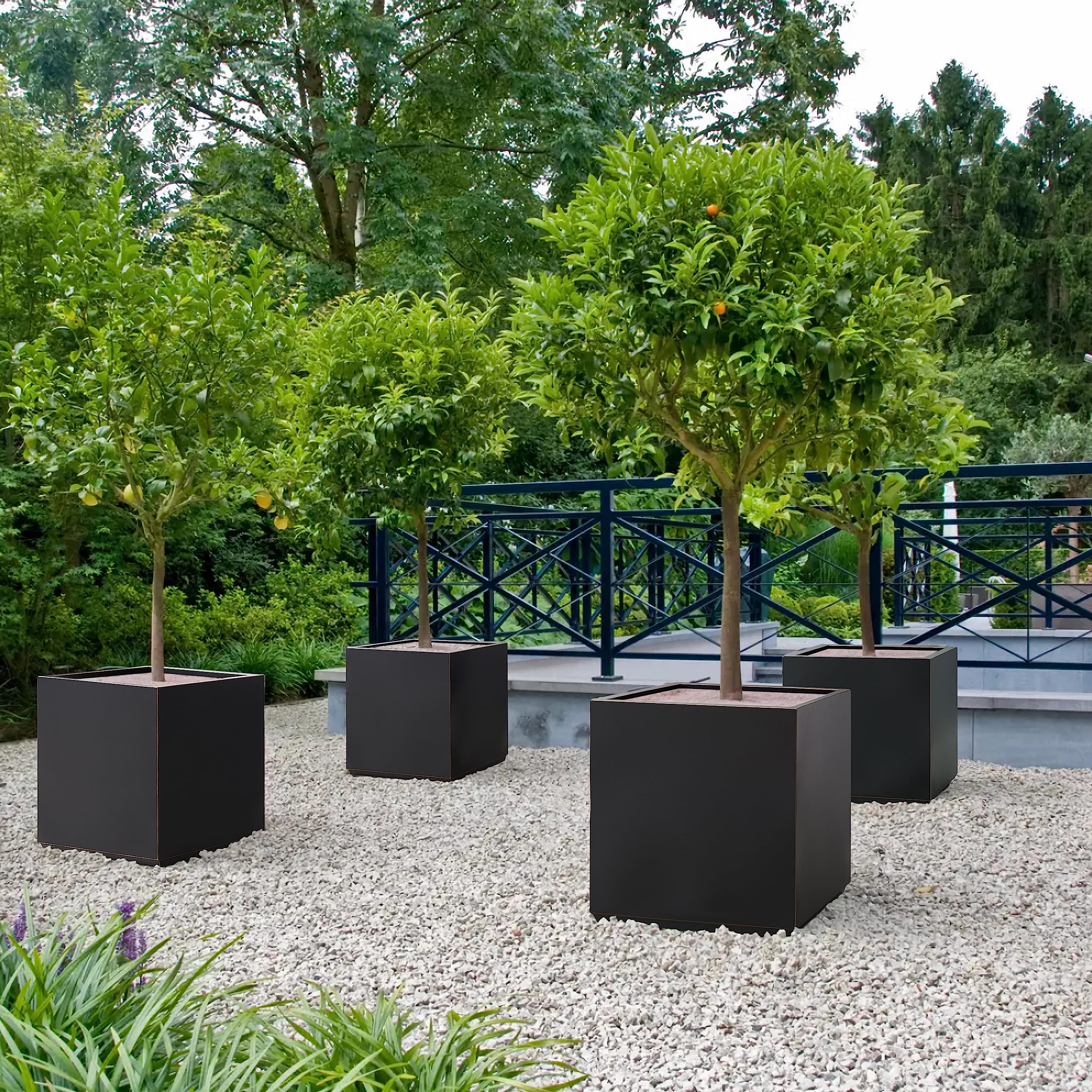 Wallowa Metallic Heavy Cube Planter Box, No Assemble, Seamless Large Square Planter for Trees, Plants and Flowers 21”Lx21”Wx24”H 35Pounds Black with Hand Brushed Gold Rim
