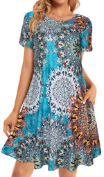 Load image into Gallery viewer, Boho Dresses for Women Summer Spring Sun Beach Tshirt Tie Dye Short Sleeves with Pocket(Bohemian Blue,L)
