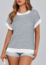 Load image into Gallery viewer, PRETTYGARDEN Womens Short Sleeve Sweater Spring Summer 2025 Round Neck Striped Pullover Cap Sleeve Knit Sweater Vest Tops(Striped White Navy,Medium)
