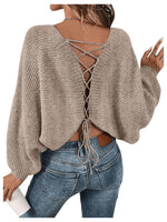 Load image into Gallery viewer, RoseSeek Women's Off Shoulder Lace Up Open Back Sweaters Long Sleeve Loose Pullovers Casual Knit Fall Tops Brown Medium
