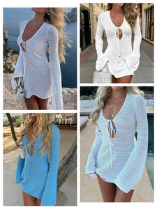 ANRABESS Womens Swimsuit Crochet Swim Cover Up Summer Bathing Suit Swimwear Hollow Out Mesh Knit Beach Dress Vacation Outfits Medium Off-White