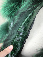Load image into Gallery viewer, LVCOMEFF Women Sheep Leather Cropped Jacket Bolero Top Coat Motorcycle Jacket With Fox Fur Layer Long Sleeve Python Pattern (US, Alpha, X-Small, Regular, Regular, green 2)
