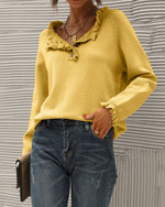 Load image into Gallery viewer, BTFBM Womens Sweaters Fall Winter Clothes 2025 Long Sleeve Button Down Ruffle Crew Neck Casual Knitted Pullover Tops(Solid Yellow, Small)
