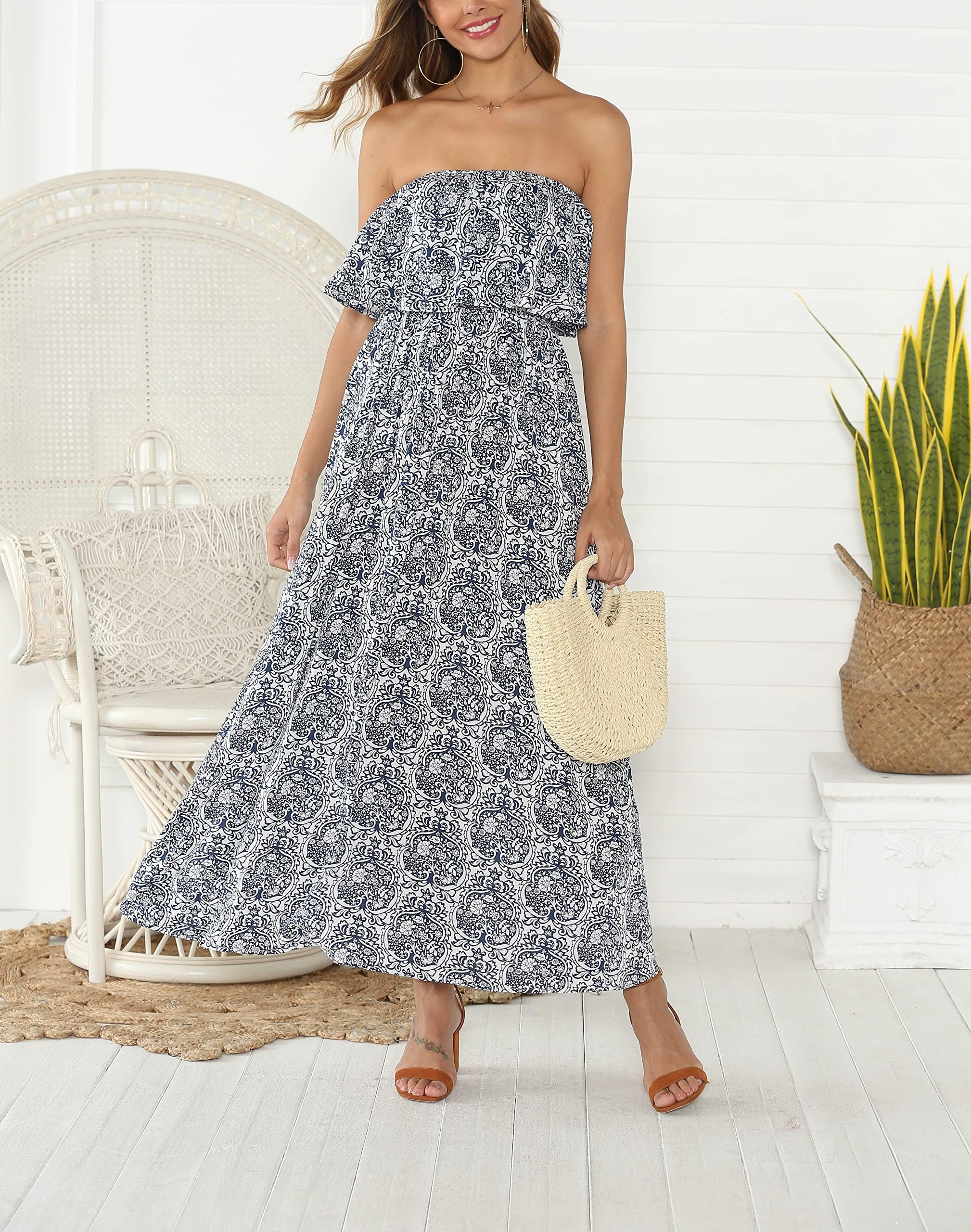 ZMPSIISA Women's Summer Off The Shoulder Maxi Dress Ruffle Strapless Blue White Porcelain Boho Casual Loose Long Dresses(A-Blue Porcelain,Medium)