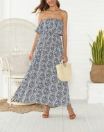 Load image into Gallery viewer, ZMPSIISA Women&#39;s Summer Off The Shoulder Maxi Dress Ruffle Strapless Blue White Porcelain Boho Casual Loose Long Dresses(A-Blue Porcelain,Medium)
