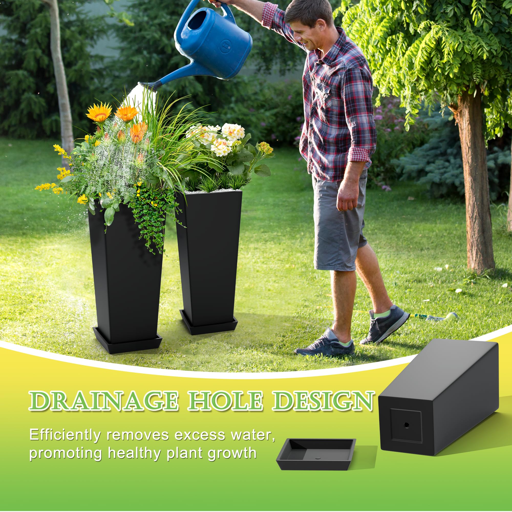 TUYOHW Set of 2 Large Planter for Indoor or Outdoor 24" Tall Flower Pots Tapered Planters with Tray for Porch, Patio, Backyard, Large Planters for Outdoor Indoor Plants (Black)