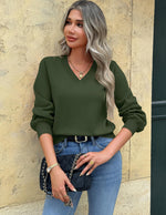 Load image into Gallery viewer, Zeagoo Womens Cropped V-Neck Sweater Lantern Sleeve Ribbed Knit Pullover Sweater Fall Fashion 2025 Army Green
