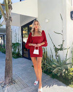 Load image into Gallery viewer, Wenrine Women's Mesh Long Sleeve Square Neck Ruched Party Club Cocktail Bodycon Mini Dress Red
