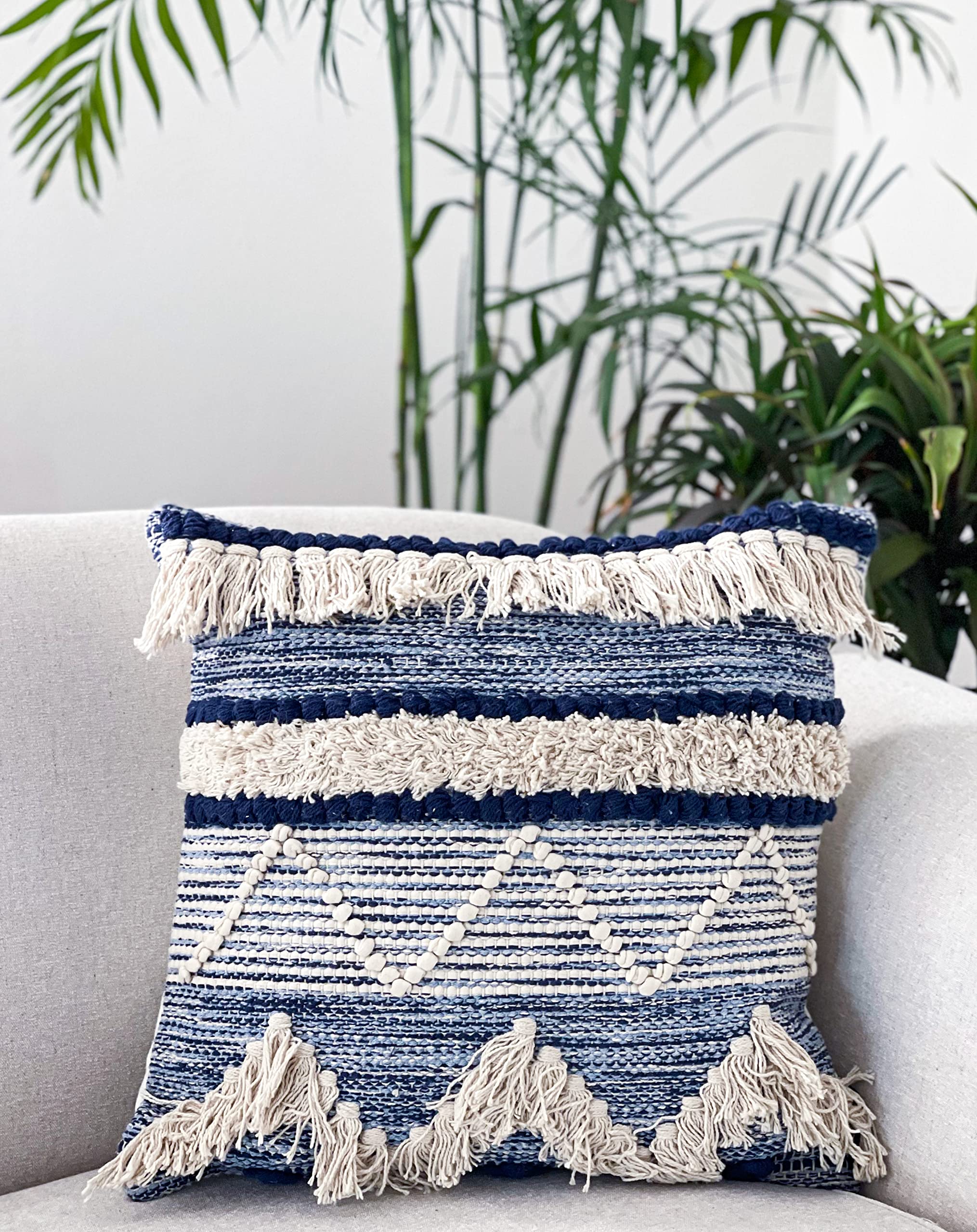 Chardin home Montego Farmhouse Decorative Throw Pillow Covers (Set of 2). Boho Soft Warm Cotton Woven Square Pillow Cover 18x18 for Couch Sofa Bedroom, Blue/Off-White