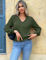 Load image into Gallery viewer, Zeagoo Womens Cropped V-Neck Sweater Lantern Sleeve Ribbed Knit Pullover Sweater Fall Fashion 2025 Army Green
