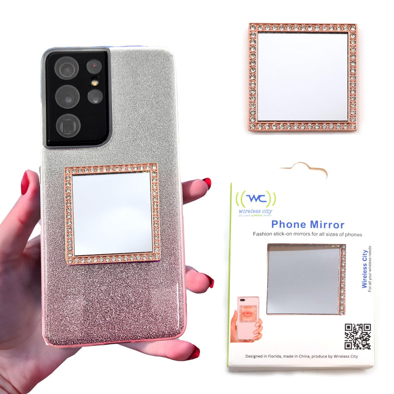 Wireless City Diamond Bling Makeup Mirror for Phone Case - Rose Gold, Stick-On Vanity Mirror with Cubic Zirconia Stones, Universal Fit, Perfect for Selfies and Makeup Touch-Ups