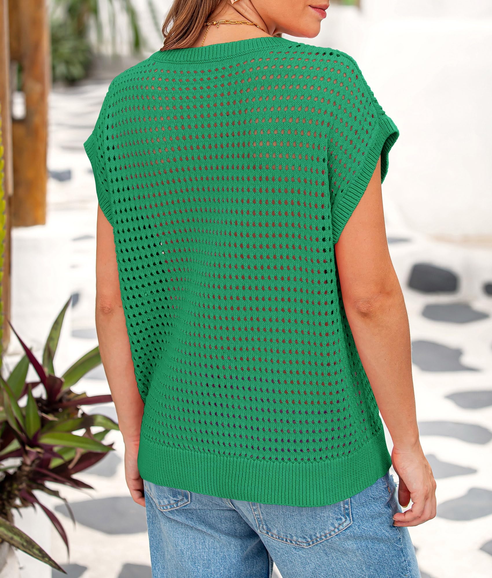 PRETTYGARDEN Womens Spring Tops 2025 Summer Shirts Crochet Cap Sleeve Sweater Pullover Cute Crew Neck Beach Cover Ups(Green,Small)