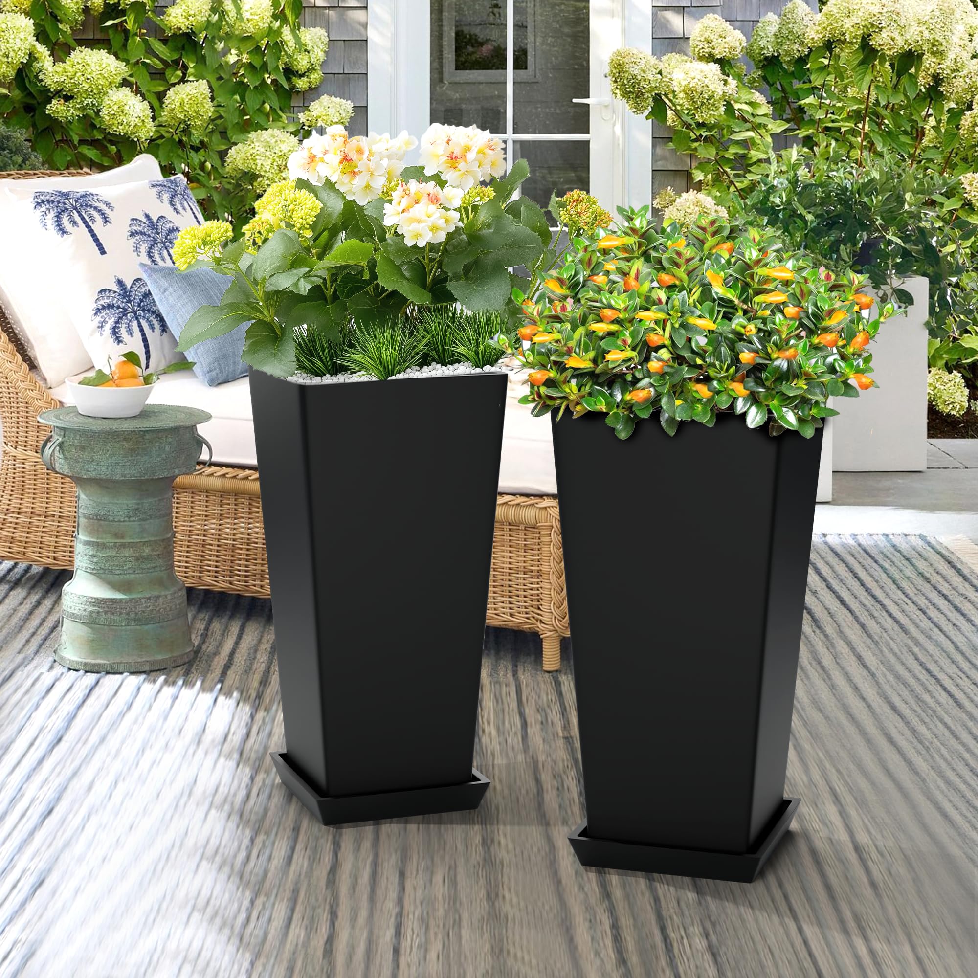 TUYOHW Set of 2 Large Planter for Indoor or Outdoor 24" Tall Flower Pots Tapered Planters with Tray for Porch, Patio, Backyard, Large Planters for Outdoor Indoor Plants (Black)