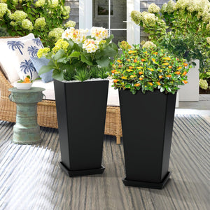 TUYOHW Set of 2 Large Planter for Indoor or Outdoor 24" Tall Flower Pots Tapered Planters with Tray for Porch, Patio, Backyard, Large Planters for Outdoor Indoor Plants (Black)
