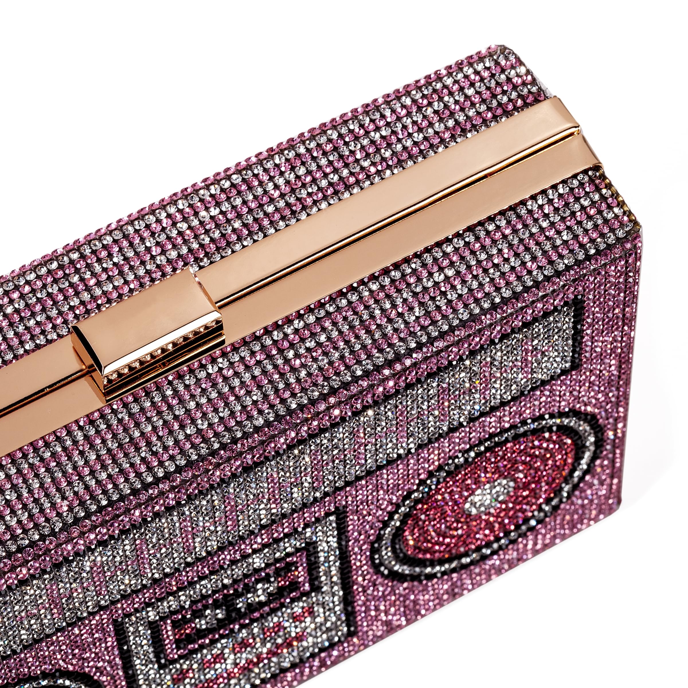 Renabro Women Retro Radio Shape Crossbody Bag Rhinestone Pink Heart Evening Clutch Purses(pink heart)