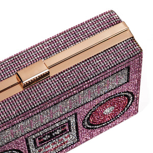Renabro Women Retro Radio Shape Crossbody Bag Rhinestone Pink Heart Evening Clutch Purses(pink heart)