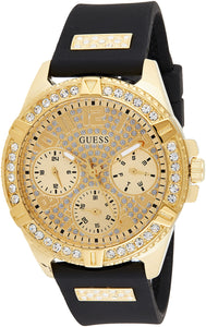 GUESS Gold-Tone Stainless Steel Crystal Encrusted Dial with Black Stain Resistant Silicone Watch (Model: U1160L1)