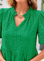 Load image into Gallery viewer, KIRUNDO Eyelet Summer Dresses for Women Mini Casual Hollow Out Short Sleeve Lace Tiered V Neck Shift Dress with Pockets(Green, Medium)
