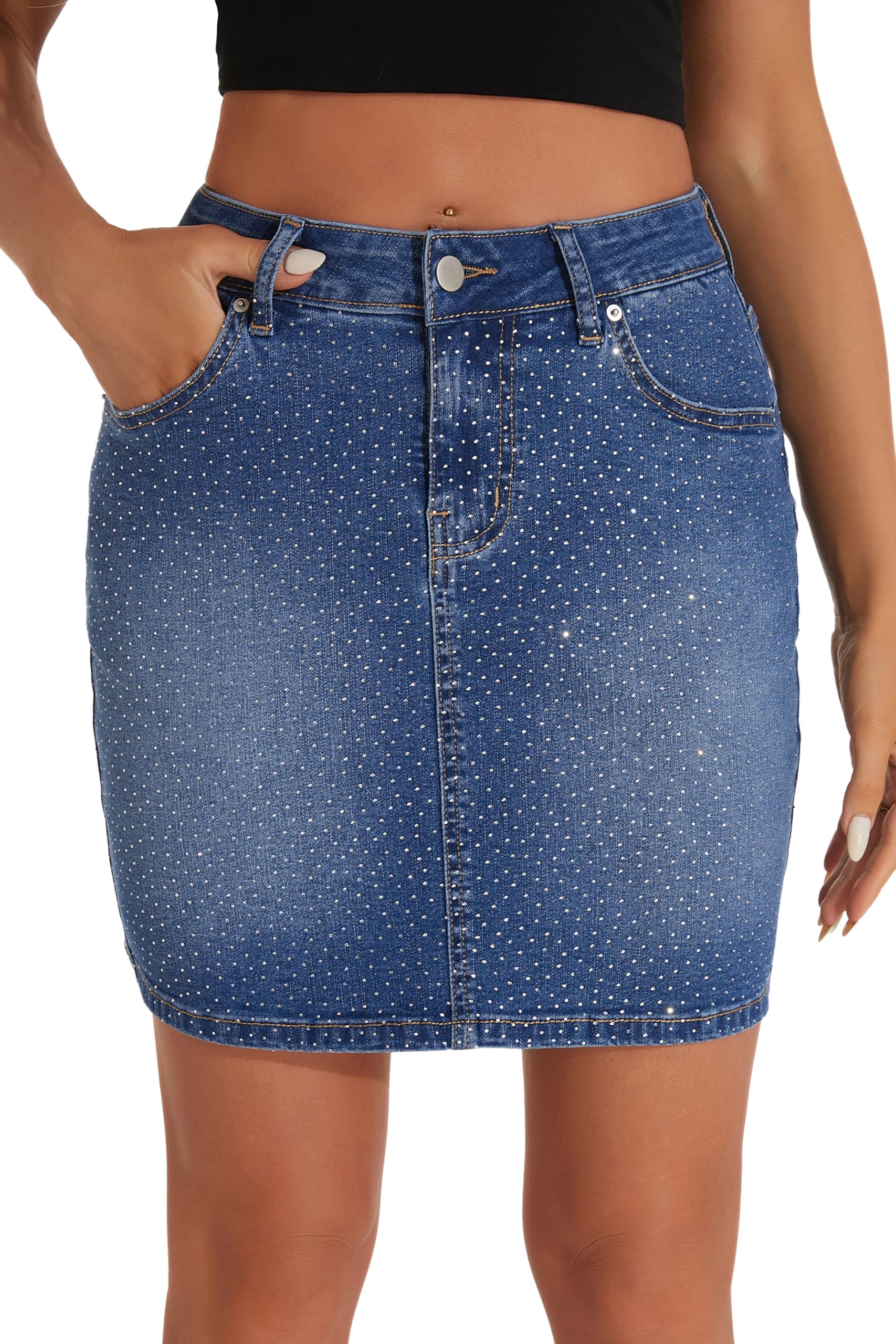 GUANYY Denim Skirt for Women High Waisted Mini Blue Jean Skirt Sparkly Diamond 2025 Diamond Medium