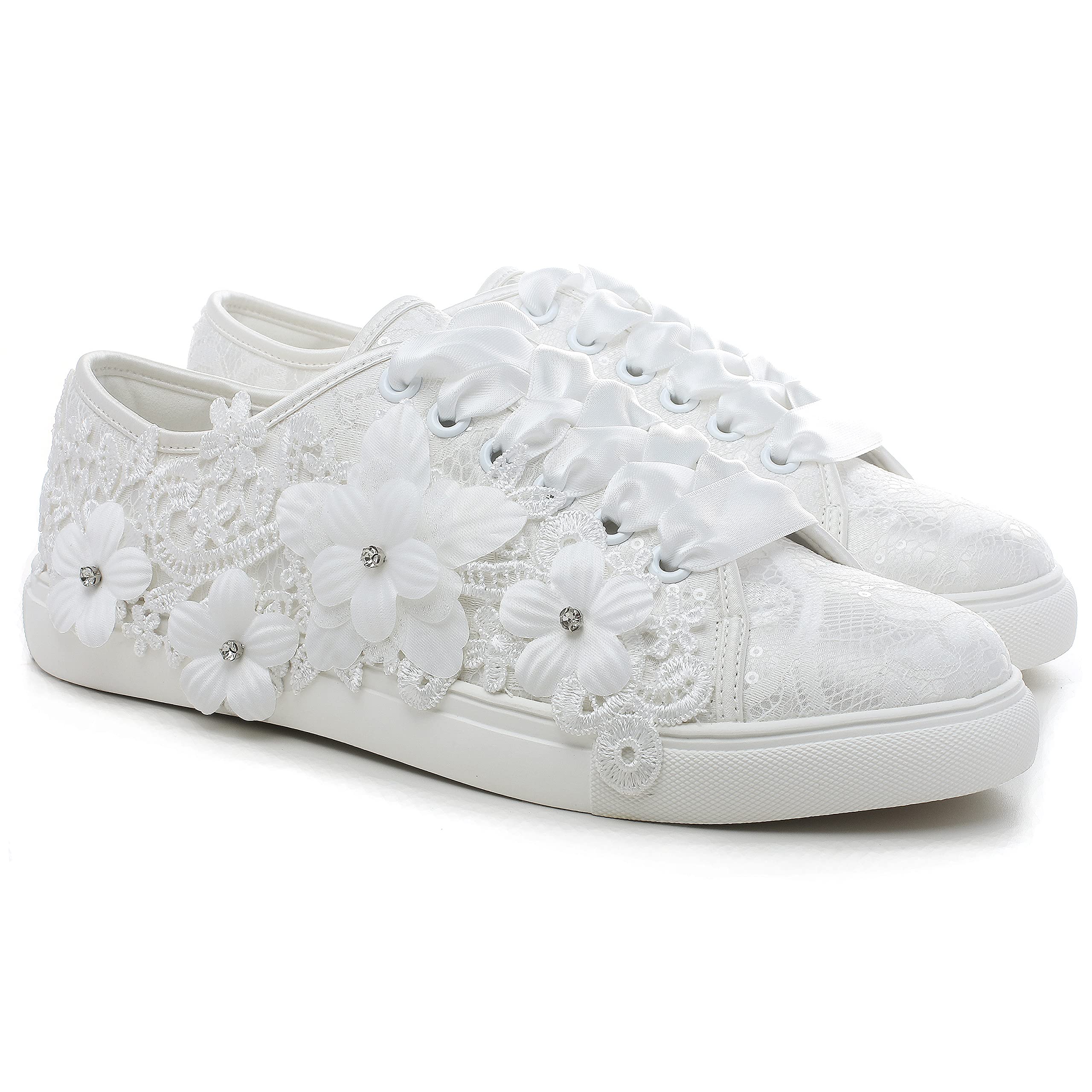 Elivandon 16054 Wedding Shoes Bridal Sneakers Flats Bride Tennis Shoes Flowers Lace Sneakers Colour Ivory,Size 9 B(M) US/40 EU