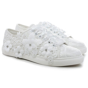 Elivandon 16054 Wedding Shoes Bridal Sneakers Flats Bride Tennis Shoes Flowers Lace Sneakers Colour Ivory,Size 9 B(M) US/40 EU