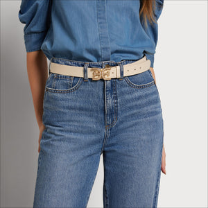 Sam Edelman Women's Pearl Embellished Double-E Logo Plaque Buckle Belt, Ivory, Small